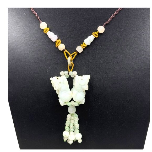 Jade Bead Necklace Carved Foo Dog Dueling Tassel Hand Carved Pendant Adjustable - Picture 1 of 8